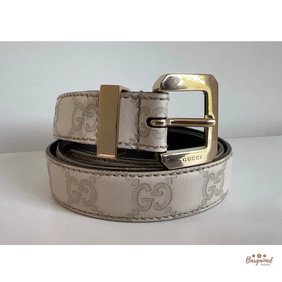Authentic Gucci Cream Monogram Leather Gold Buckle Belt 85/34 - Picture 12 of 13
